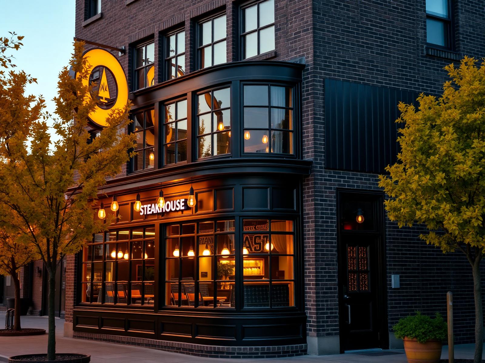 Hickory Forge Steakhouse exterior at dusk with warm window glow